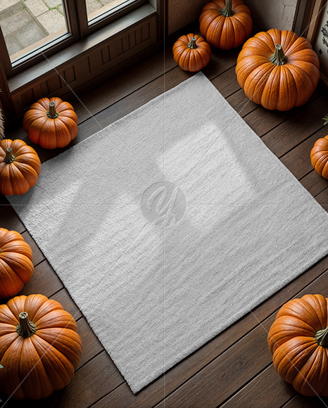 Square Rug Surrounded by Pumpkins Mockup