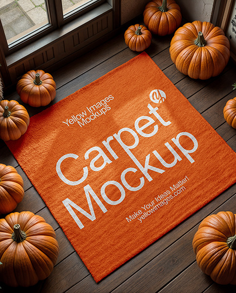 Square Rug Surrounded by Pumpkins Mockup