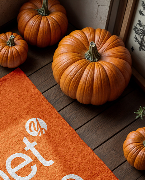 Square Rug Surrounded by Pumpkins Mockup
