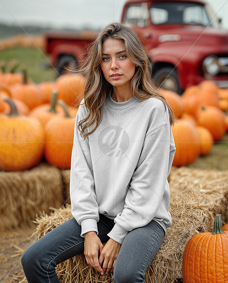 Young Woman in Sweatshirt Sitting on Hay Block with Pumpkins Around