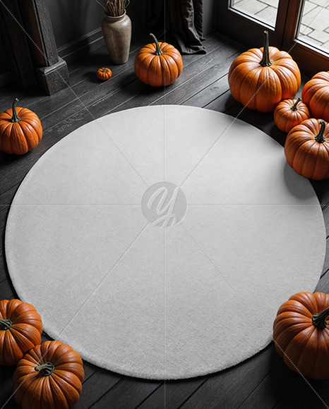 Round Rug on Wooden Floor Surrounded by Pumpkins Mockup
