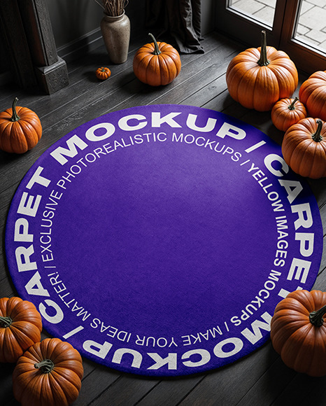 Round Rug on Wooden Floor Surrounded by Pumpkins Mockup