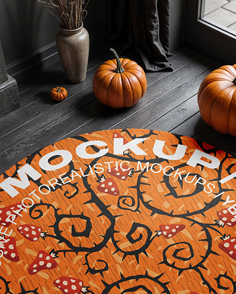 Round Rug on Wooden Floor Surrounded by Pumpkins Mockup