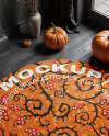 Round Rug on Wooden Floor Surrounded by Pumpkins Mockup