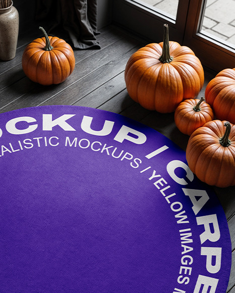 Round Rug on Wooden Floor Surrounded by Pumpkins Mockup