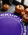 Round Rug on Wooden Floor Surrounded by Pumpkins Mockup
