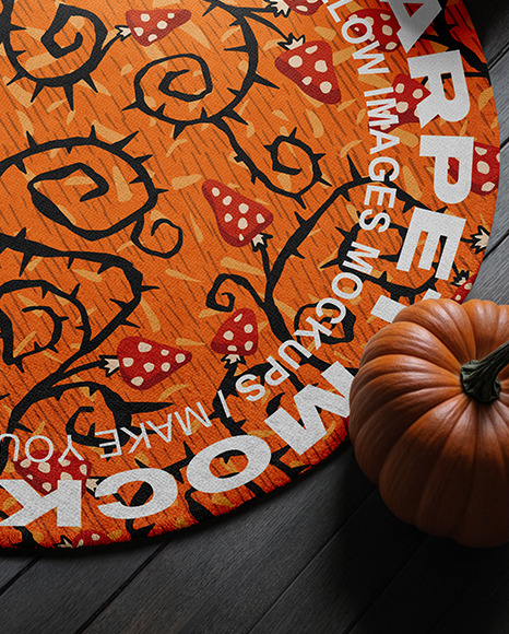 Round Rug on Wooden Floor Surrounded by Pumpkins Mockup