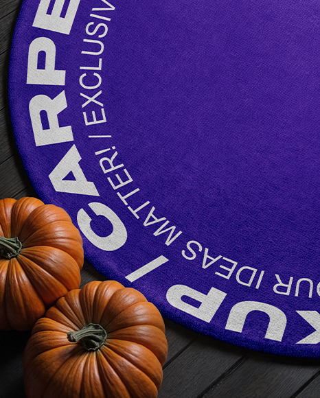 Round Rug on Wooden Floor Surrounded by Pumpkins Mockup