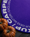 Round Rug on Wooden Floor Surrounded by Pumpkins Mockup