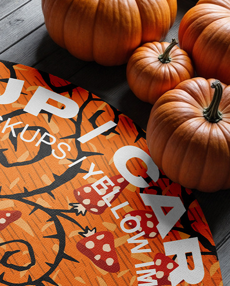 Round Rug on Wooden Floor Surrounded by Pumpkins Mockup