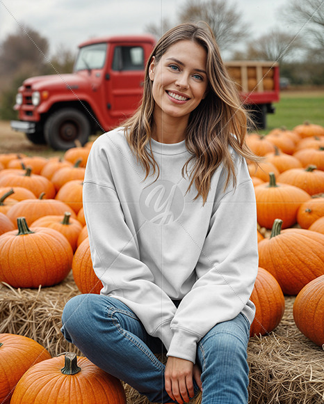 Young Woman in Sweatshirt Sitting on Hay Block with Pumpkins Around Mockup