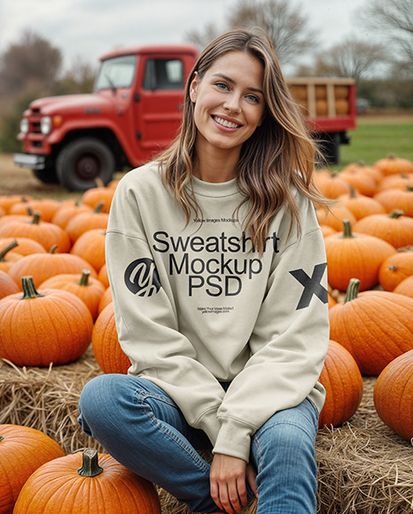 Young Woman in Sweatshirt Sitting on Hay Block with Pumpkins Around Mockup