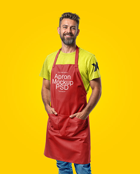 Man Wearing an Apron and a T-Shirt Mockup