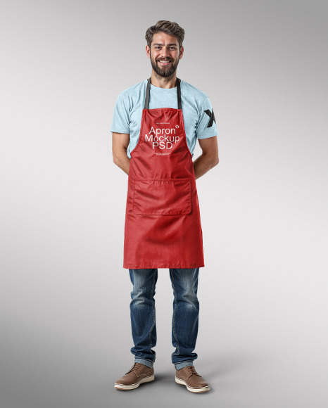 Bearded Man Wearing an Apron and Jeans Mockup