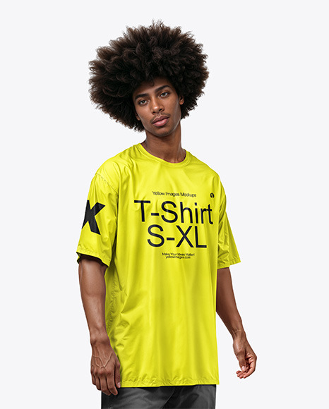 Black Man with Afro Wearing an Oversize T-Shirt Mockup - Men+In+Blank+Black+Polo+Shirt,+Front+And+Back+View,+White+...