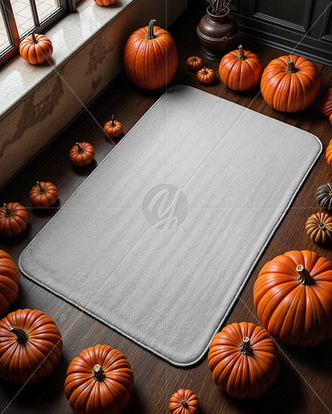 Rectangular Door Mat Surrounded by Pumpkins Mockup