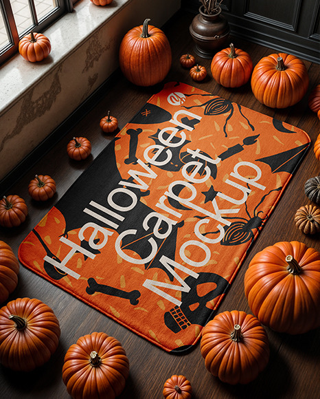 Rectangular Door Mat Surrounded by Pumpkins Mockup