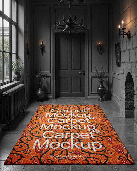 Rectangular Carpet in a Black Room with Fireplace Mockup