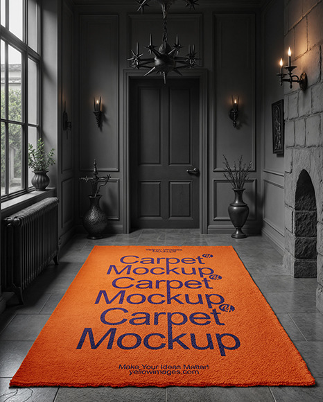 Rectangular Carpet in a Black Room with Fireplace Mockup