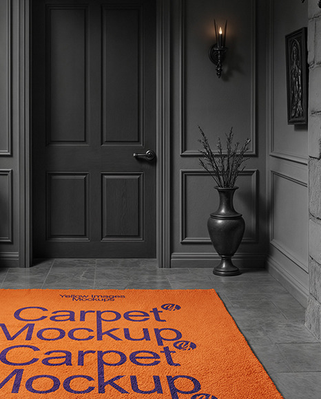 Rectangular Carpet in a Black Room with Fireplace Mockup