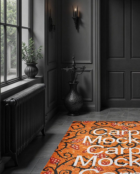 Rectangular Carpet in a Black Room with Fireplace Mockup
