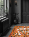 Rectangular Carpet in a Black Room with Fireplace Mockup