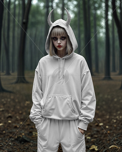 Devil Girl with Horns Wearing Oversized Hoodie Mockup