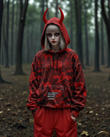 Devil Girl with Horns Wearing Oversized Hoodie Mockup - Costume mockup