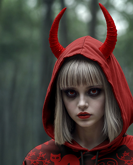 Devil Girl with Horns Wearing Oversized Hoodie Mockup