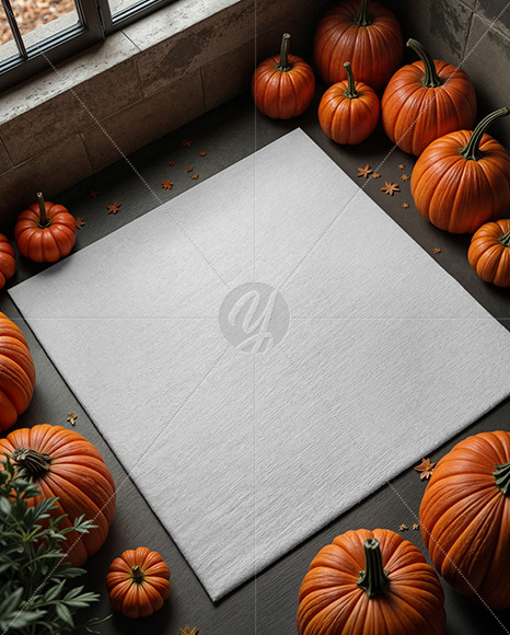 Square Rug Surrounded by Pumpkins and Leaves Mockup