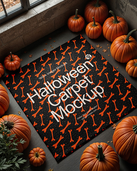 Square Rug Surrounded by Pumpkins and Leaves Mockup