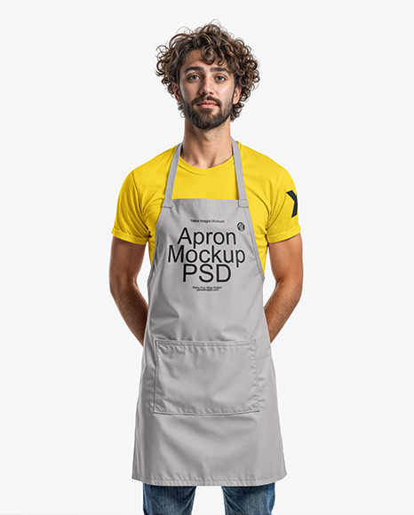 Curly Italian Man Wearing an Apron and Jeans Mockup - Restaurant sign mockup