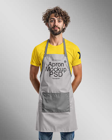 Curly Italian Man Wearing an Apron and Jeans Mockup