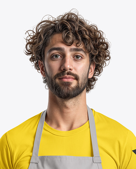 Curly Italian Man Wearing an Apron and Jeans Mockup