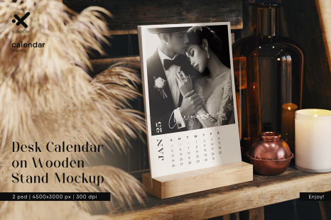 Desk Calendar on a Wooden Stand Mockup - Planner