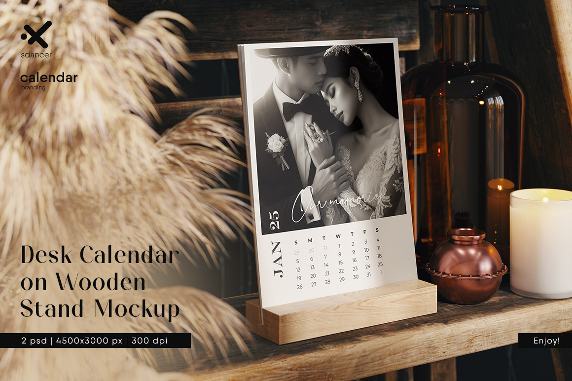 Desk Calendar on a Wooden Stand Mockup Desk Calendar on a Wooden Stand Mockup