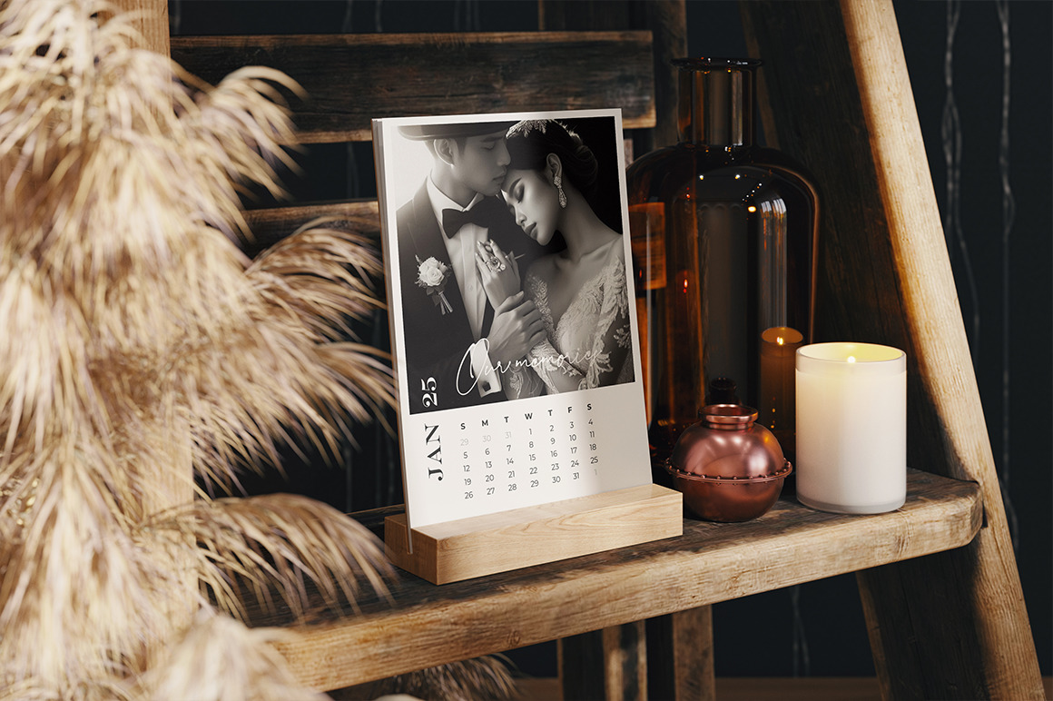 Desk Calendar on a Wooden Stand Mockup Desk Calendar on a Wooden Stand Mockup