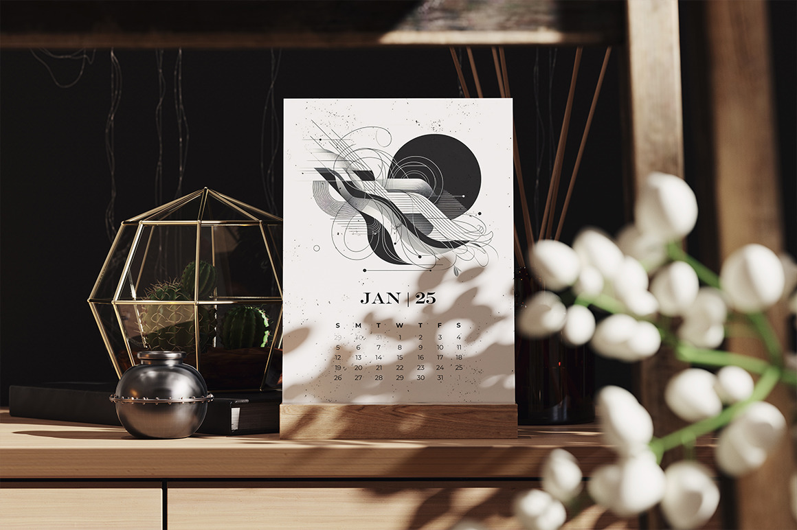 Desk Calendar on a Wooden Stand Mockup Desk Calendar on a Wooden Stand Mockup