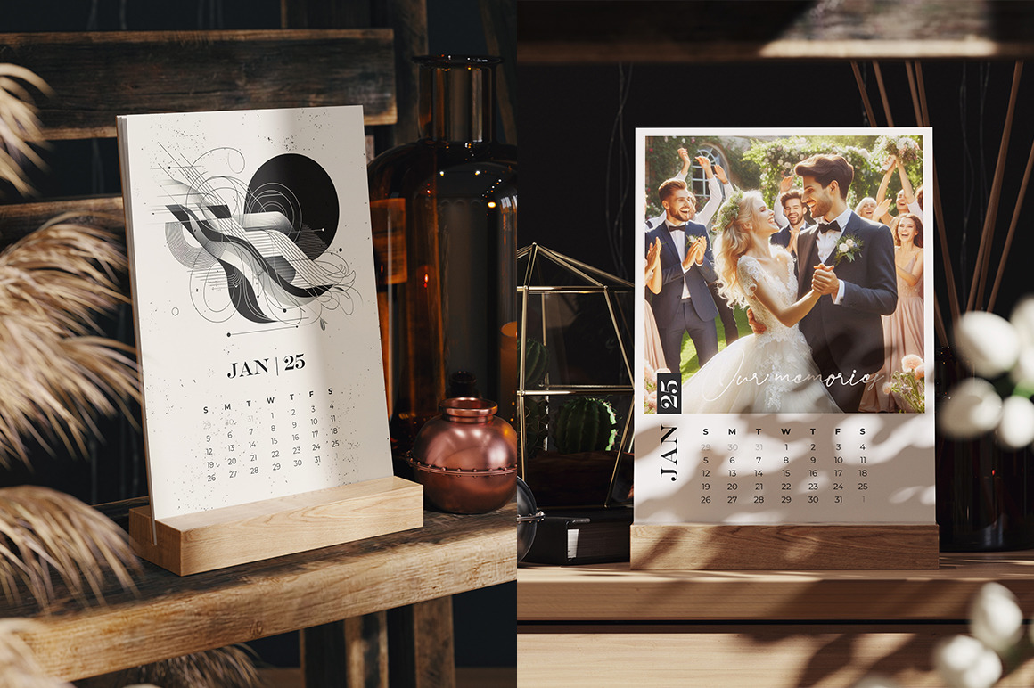 Desk Calendar on a Wooden Stand Mockup Desk Calendar on a Wooden Stand Mockup