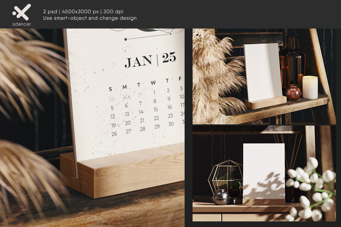 Desk Calendar on a Wooden Stand Mockup Desk Calendar on a Wooden Stand Mockup