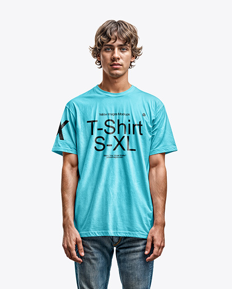 Young Man in a T-Shirt Mockup - Men's+T-Shirt+Round+Neck+Front+View+Template+...