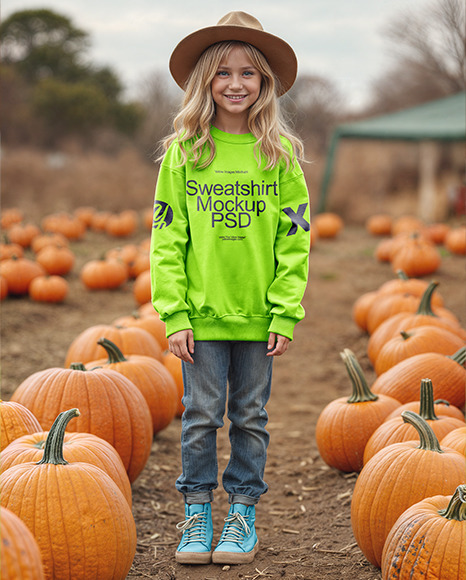 Girl in Sweatshirt at Pumpkin Patch Celebration Mockup - Long