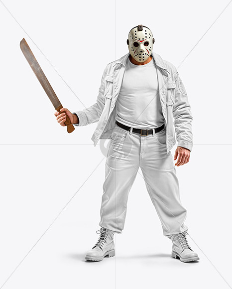 Man in Hockey Mask Holding Machete and Wearing a Jacket and T-Shirt Mockup