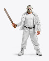Man in Hockey Mask Holding Machete and Wearing a Jacket and T-Shirt Mockup