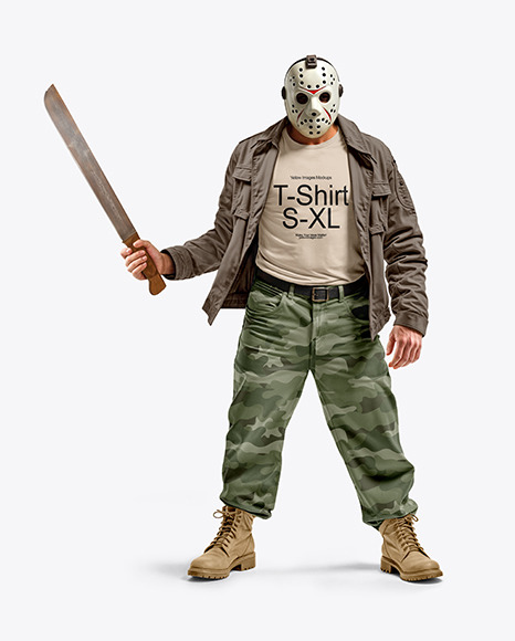 Man in Hockey Mask Holding Machete and Wearing a Jacket and T-Shirt Mockup - Ice hockey mockup