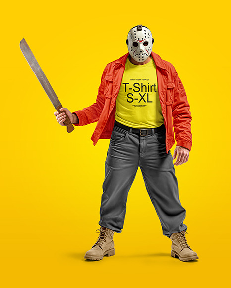 Man in Hockey Mask Holding Machete and Wearing a Jacket and T-Shirt Mockup