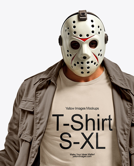 Man in Hockey Mask Holding Machete and Wearing a Jacket and T-Shirt Mockup