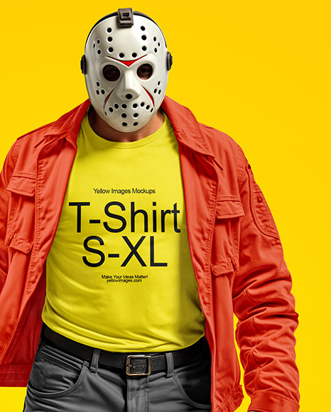 Man in Hockey Mask Holding Machete and Wearing a Jacket and T-Shirt Mockup