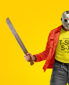 Man in Hockey Mask Holding Machete and Wearing a Jacket and T-Shirt Mockup