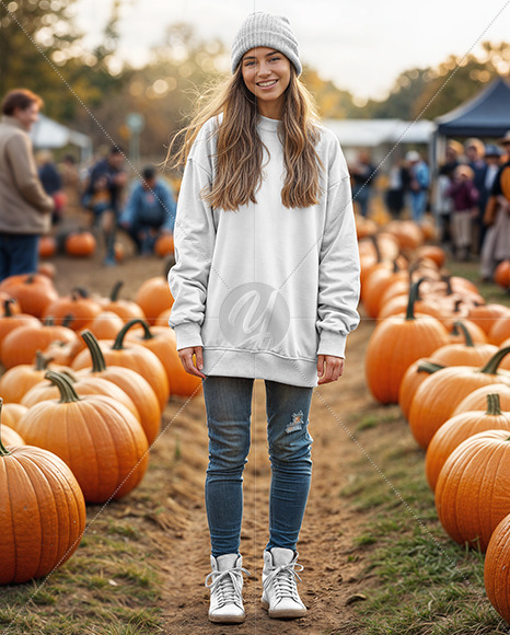 Young Woman in Sweatshirt Standing in a Pumpkin Patch Mockup